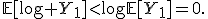 \mathbb{E}[\log Y_1]<\log\mathbb{E}[Y_1]=0.