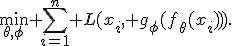 \min_{\theta,\phi} \sum_{i=1}^{n} L(x_i, g_\phi(f_\theta(x_i))).