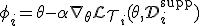 \phi_i = \theta - \alpha \nabla_{\theta} \mathcal{L}_{\mathcal{T}_i}(\theta, \mathcal{D}_i^{\text{supp}})
