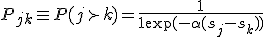 P_{jk} \equiv P(j \succ k) = \frac{1}{1 + \exp(-\alpha (s_j - s_k))}