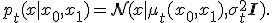 p_t(x|x_0, x_1) = \mathcal{N}(x | \mu_t(x_0, x_1), \sigma_t^2 \mathbf{I}).