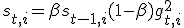 s_{t,i} = \beta s_{t-1,i} + (1-\beta) g_{t,i}^2