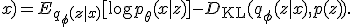 {\cal L}(\theta,\phi;x) = E_{q_\phi(z|x)}[\log p_\theta(x|z)] - D_{\rm KL}(q_\phi(z|x), p(z)).